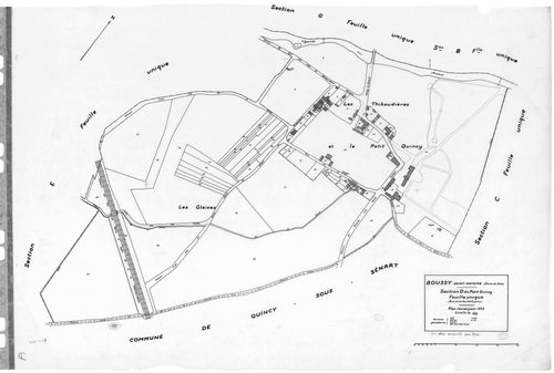 BOUSSY-SAINT-ANTOINE .- Cadastre révisé pour 1933 : plans de la section A la Cote de Rochau, section B Moulin Neuf, section C le Béry, section D le Petit Quincy, section E les Friches, section G le Village ; cadastre révisé pour 1940 : section D le Petit 