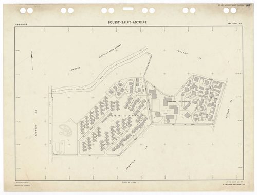 BOUSSY-SAINT-ANTOINE, plans minutes de conservation : tableau d'assemblage,1985, Ech. 1/5000 ; plans des sections AA, AB, AC, AE, AH, AI, AK, AL, AM, AN, AO, 1985, Ech. 1/1000, section AD, 1985, Ech. 1/2000. Polyester. N et B. Dim. 105 x 80 cm [13 plans].