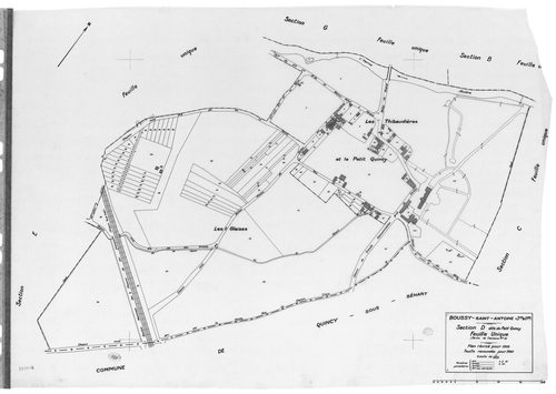 BOUSSY-SAINT-ANTOINE .- Cadastre révisé pour 1933 : plans de la section A la Cote de Rochau, section B Moulin Neuf, section C le Béry, section D le Petit Quincy, section E les Friches, section G le Village ; cadastre révisé pour 1940 : section D le Petit 