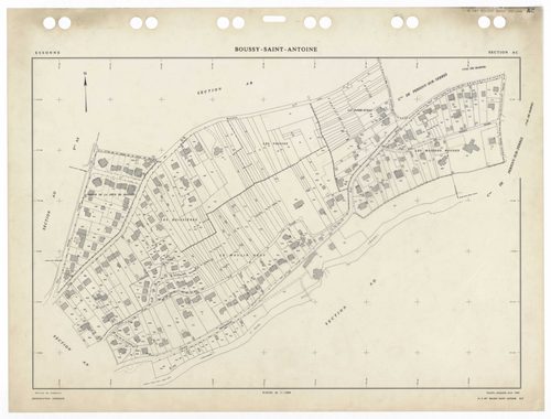 BOUSSY-SAINT-ANTOINE, plans minutes de conservation : tableau d'assemblage,1985, Ech. 1/5000 ; plans des sections AA, AB, AC, AE, AH, AI, AK, AL, AM, AN, AO, 1985, Ech. 1/1000, section AD, 1985, Ech. 1/2000. Polyester. N et B. Dim. 105 x 80 cm [13 plans].