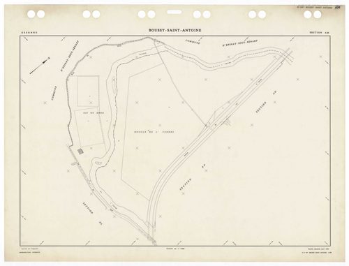 BOUSSY-SAINT-ANTOINE, plans minutes de conservation : tableau d'assemblage,1985, Ech. 1/5000 ; plans des sections AA, AB, AC, AE, AH, AI, AK, AL, AM, AN, AO, 1985, Ech. 1/1000, section AD, 1985, Ech. 1/2000. Polyester. N et B. Dim. 105 x 80 cm [13 plans].
