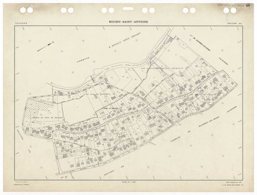 BOUSSY-SAINT-ANTOINE, plans minutes de conservation : tableau d'assemblage,1985, Ech. 1/5000 ; plans des sections AA, AB, AC, AE, AH, AI, AK, AL, AM, AN, AO, 1985, Ech. 1/1000, section AD, 1985, Ech. 1/2000. Polyester. N et B. Dim. 105 x 80 cm [13 plans].