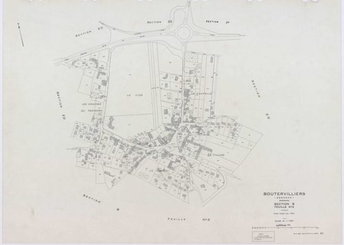 BOUTERVILLIERS, plans minutes de conservation : tableau d'assemblage,1933, Ech. 1/10000 ; plans des section B2, 1933, Ech. 1/1250, section B3, 1933, Ech. 1/2500, sections ZB, ZC, ZD, ZE, ZF, ZG, ZH, 1954, Ech. 1/2000, sections ZI, ZK, 1958, Ech. 1/2000, s