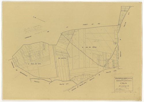 Plans minutes de conservation : BOUTERVILLIERS : tableau d'assemblage n°1, ech. 1/10000 (1933), sections A1, A2, B1, B3, ech. 1/2500, sections B2, ech. 1/1250 (1933) ; tableau d'assemblage n°2, ech. 1/10000 (1954), sections B3, ZA, ZB, ZC, ZD, ZE, ZF, ZG,