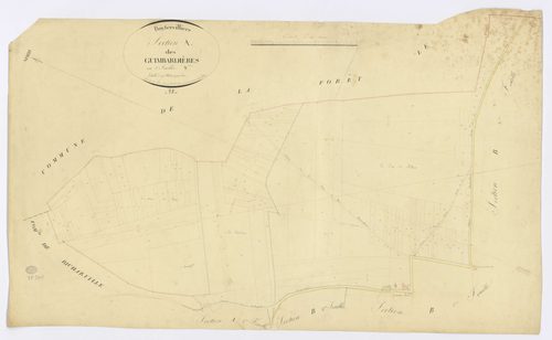 BOUTERVILLIERS. - Section A - Guimbardières (les), 2, ech. 1/2500, coul., aquarelle, papier, 65x102 (1824). 