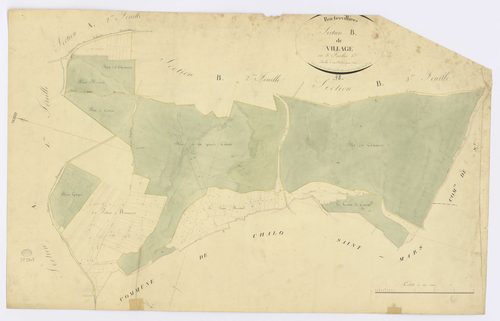 BOUTERVILLIERS. - Section B - Village (le), 1, ech. 1/2500, coul., aquarelle, papier, 62x99 (1824). 