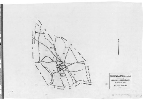 BOUTERVILLIERS .- Cadastre révisé pour 1933 : plan du tableau d'assemblage, plans de la section A les Gimbardières 1ère feuille, section B le Village 1ère feuille, idem 2ème feuille, idem 3ème feuille, [5 plans]. 