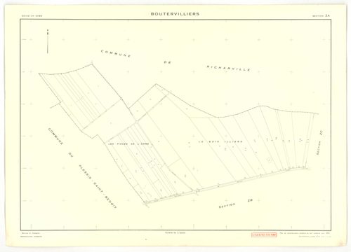 Plans minutes de conservation : BOUTERVILLIERS : tableau d'assemblage n°1, ech. 1/10000 (1933), sections A1, A2, B1, B3, ech. 1/2500, sections B2, ech. 1/1250 (1933) ; tableau d'assemblage n°2, ech. 1/10000 (1954), sections B3, ZA, ZB, ZC, ZD, ZE, ZF, ZG,