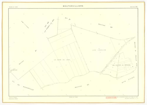 Plans minutes de conservation : BOUTERVILLIERS : tableau d'assemblage n°1, ech. 1/10000 (1933), sections A1, A2, B1, B3, ech. 1/2500, sections B2, ech. 1/1250 (1933) ; tableau d'assemblage n°2, ech. 1/10000 (1954), sections B3, ZA, ZB, ZC, ZD, ZE, ZF, ZG,