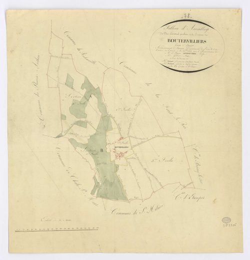 BOUTERVILLIERS. - Plan d'assemblage, ech. 1/10000, coul., aquarelle, papier, 60x57 (1824). 