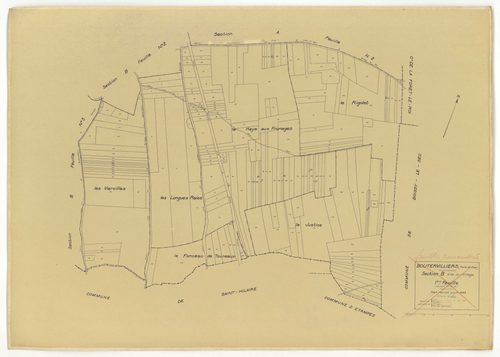 Plans minutes de conservation : BOUTERVILLIERS : tableau d'assemblage n°1, ech. 1/10000 (1933), sections A1, A2, B1, B3, ech. 1/2500, sections B2, ech. 1/1250 (1933) ; tableau d'assemblage n°2, ech. 1/10000 (1954), sections B3, ZA, ZB, ZC, ZD, ZE, ZF, ZG,