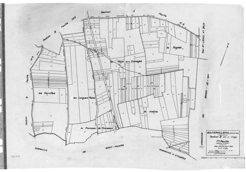 BOUTERVILLIERS .- Cadastre révisé pour 1933 : plan du tableau d'assemblage, plans de la section A les Gimbardières 1ère feuille, section B le Village 1ère feuille, idem 2ème feuille, idem 3ème feuille, [5 plans]. 