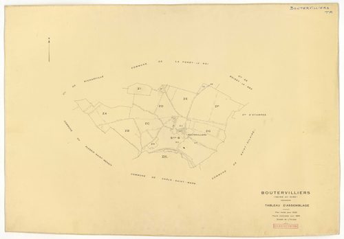 Plans minutes de conservation : BOUTERVILLIERS : tableau d'assemblage n°1, ech. 1/10000 (1933), sections A1, A2, B1, B3, ech. 1/2500, sections B2, ech. 1/1250 (1933) ; tableau d'assemblage n°2, ech. 1/10000 (1954), sections B3, ZA, ZB, ZC, ZD, ZE, ZF, ZG,