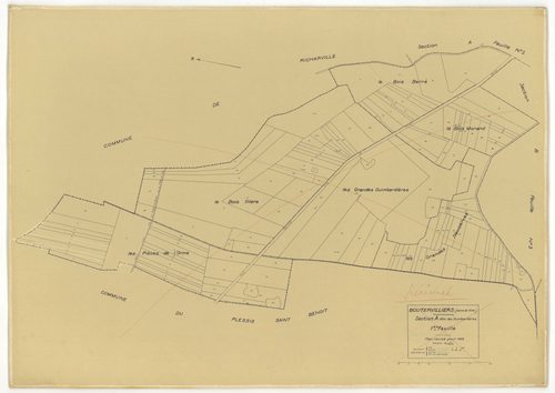 Plans minutes de conservation : BOUTERVILLIERS : tableau d'assemblage n°1, ech. 1/10000 (1933), sections A1, A2, B1, B3, ech. 1/2500, sections B2, ech. 1/1250 (1933) ; tableau d'assemblage n°2, ech. 1/10000 (1954), sections B3, ZA, ZB, ZC, ZD, ZE, ZF, ZG,