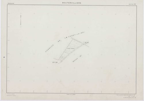 BOUTERVILLIERS, plans minutes de conservation : tableau d'assemblage,1933, Ech. 1/10000 ; plans des section B2, 1933, Ech. 1/1250, section B3, 1933, Ech. 1/2500, sections ZB, ZC, ZD, ZE, ZF, ZG, ZH, 1954, Ech. 1/2000, sections ZI, ZK, 1958, Ech. 1/2000, s