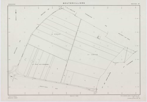 BOUTERVILLIERS, plans minutes de conservation : tableau d'assemblage,1933, Ech. 1/10000 ; plans des section B2, 1933, Ech. 1/1250, section B3, 1933, Ech. 1/2500, sections ZB, ZC, ZD, ZE, ZF, ZG, ZH, 1954, Ech. 1/2000, sections ZI, ZK, 1958, Ech. 1/2000, s
