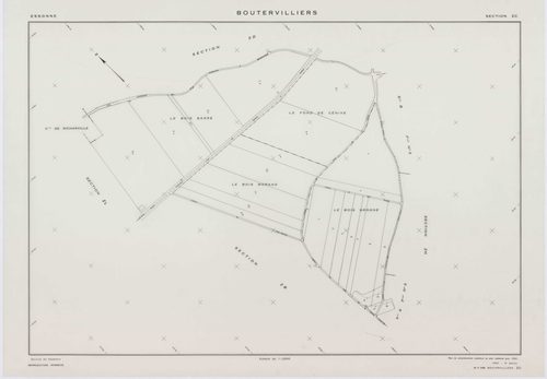 BOUTERVILLIERS, plans minutes de conservation : tableau d'assemblage,1933, Ech. 1/10000 ; plans des section B2, 1933, Ech. 1/1250, section B3, 1933, Ech. 1/2500, sections ZB, ZC, ZD, ZE, ZF, ZG, ZH, 1954, Ech. 1/2000, sections ZI, ZK, 1958, Ech. 1/2000, s