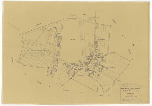 Plans minutes de conservation : BOUTERVILLIERS : tableau d'assemblage n°1, ech. 1/10000 (1933), sections A1, A2, B1, B3, ech. 1/2500, sections B2, ech. 1/1250 (1933) ; tableau d'assemblage n°2, ech. 1/10000 (1954), sections B3, ZA, ZB, ZC, ZD, ZE, ZF, ZG,