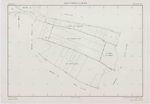BOUTERVILLIERS, plans minutes de conservation : tableau d'assemblage,1933, Ech. 1/10000 ; plans des section B2, 1933, Ech. 1/1250, section B3, 1933, Ech. 1/2500, sections ZB, ZC, ZD, ZE, ZF, ZG, ZH, 1954, Ech. 1/2000, sections ZI, ZK, 1958, Ech. 1/2000, s