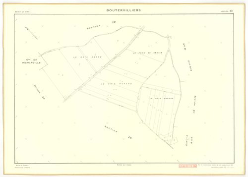 Plans minutes de conservation : BOUTERVILLIERS : tableau d'assemblage n°1, ech. 1/10000 (1933), sections A1, A2, B1, B3, ech. 1/2500, sections B2, ech. 1/1250 (1933) ; tableau d'assemblage n°2, ech. 1/10000 (1954), sections B3, ZA, ZB, ZC, ZD, ZE, ZF, ZG,