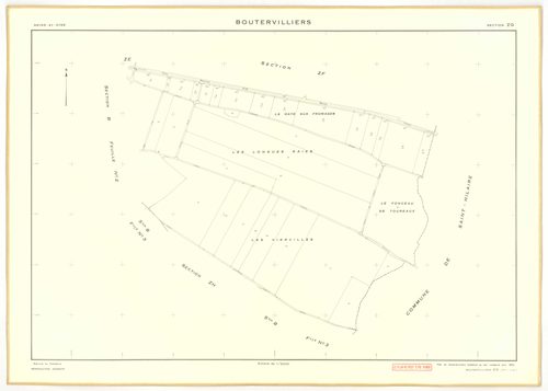 Plans minutes de conservation : BOUTERVILLIERS : tableau d'assemblage n°1, ech. 1/10000 (1933), sections A1, A2, B1, B3, ech. 1/2500, sections B2, ech. 1/1250 (1933) ; tableau d'assemblage n°2, ech. 1/10000 (1954), sections B3, ZA, ZB, ZC, ZD, ZE, ZF, ZG,