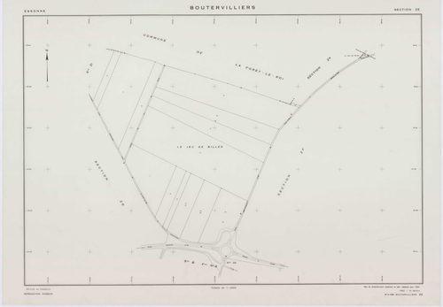 BOUTERVILLIERS, plans minutes de conservation : tableau d'assemblage,1933, Ech. 1/10000 ; plans des section B2, 1933, Ech. 1/1250, section B3, 1933, Ech. 1/2500, sections ZB, ZC, ZD, ZE, ZF, ZG, ZH, 1954, Ech. 1/2000, sections ZI, ZK, 1958, Ech. 1/2000, s