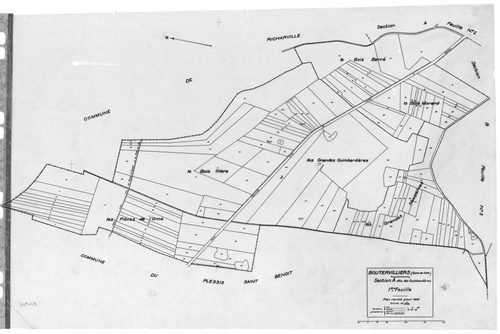 BOUTERVILLIERS .- Cadastre révisé pour 1933 : plan du tableau d'assemblage, plans de la section A les Gimbardières 1ère feuille, section B le Village 1ère feuille, idem 2ème feuille, idem 3ème feuille, [5 plans]. 