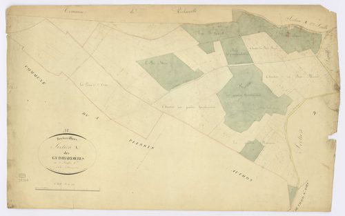 BOUTERVILLIERS. - Section A - Guimbardières (les), 1, ech. 1/2500, coul., aquarelle, papier, 65x102 (1824). 
