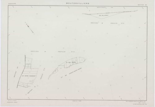 BOUTERVILLIERS, plans minutes de conservation : tableau d'assemblage,1933, Ech. 1/10000 ; plans des section B2, 1933, Ech. 1/1250, section B3, 1933, Ech. 1/2500, sections ZB, ZC, ZD, ZE, ZF, ZG, ZH, 1954, Ech. 1/2000, sections ZI, ZK, 1958, Ech. 1/2000, s