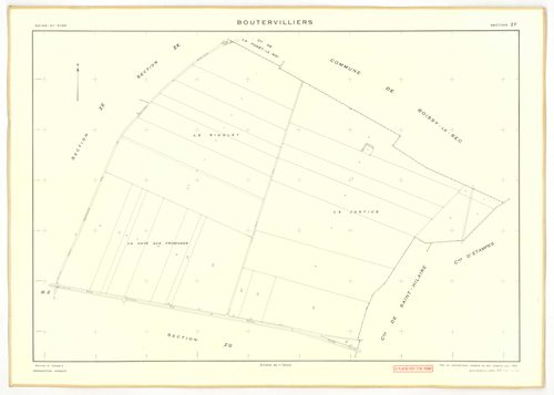 Plans minutes de conservation : BOUTERVILLIERS : tableau d'assemblage n°1, ech. 1/10000 (1933), sections A1, A2, B1, B3, ech. 1/2500, sections B2, ech. 1/1250 (1933) ; tableau d'assemblage n°2, ech. 1/10000 (1954), sections B3, ZA, ZB, ZC, ZD, ZE, ZF, ZG,