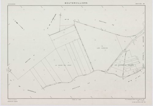 BOUTERVILLIERS, plans minutes de conservation : tableau d'assemblage,1933, Ech. 1/10000 ; plans des section B2, 1933, Ech. 1/1250, section B3, 1933, Ech. 1/2500, sections ZB, ZC, ZD, ZE, ZF, ZG, ZH, 1954, Ech. 1/2000, sections ZI, ZK, 1958, Ech. 1/2000, s