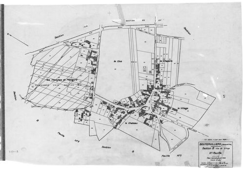 BOUTERVILLIERS .- Cadastre révisé pour 1933 : plan du tableau d'assemblage, plans de la section A les Gimbardières 1ère feuille, section B le Village 1ère feuille, idem 2ème feuille, idem 3ème feuille, [5 plans]. 