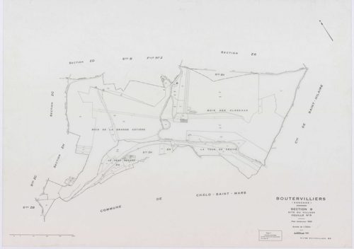 BOUTERVILLIERS, plans minutes de conservation : tableau d'assemblage,1933, Ech. 1/10000 ; plans des section B2, 1933, Ech. 1/1250, section B3, 1933, Ech. 1/2500, sections ZB, ZC, ZD, ZE, ZF, ZG, ZH, 1954, Ech. 1/2000, sections ZI, ZK, 1958, Ech. 1/2000, s