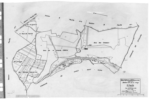 BOUTERVILLIERS .- Cadastre révisé pour 1933 : plan du tableau d'assemblage, plans de la section A les Gimbardières 1ère feuille, section B le Village 1ère feuille, idem 2ème feuille, idem 3ème feuille, [5 plans]. 
