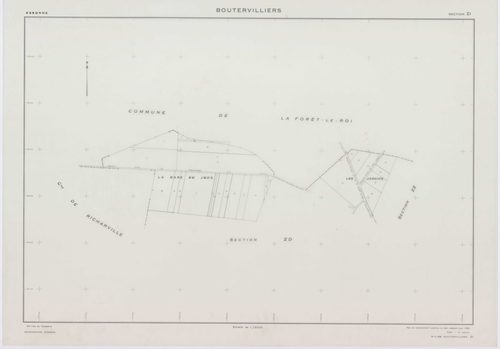 BOUTERVILLIERS, plans minutes de conservation : tableau d'assemblage,1933, Ech. 1/10000 ; plans des section B2, 1933, Ech. 1/1250, section B3, 1933, Ech. 1/2500, sections ZB, ZC, ZD, ZE, ZF, ZG, ZH, 1954, Ech. 1/2000, sections ZI, ZK, 1958, Ech. 1/2000, s