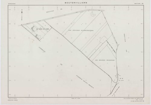 BOUTERVILLIERS, plans minutes de conservation : tableau d'assemblage,1933, Ech. 1/10000 ; plans des section B2, 1933, Ech. 1/1250, section B3, 1933, Ech. 1/2500, sections ZB, ZC, ZD, ZE, ZF, ZG, ZH, 1954, Ech. 1/2000, sections ZI, ZK, 1958, Ech. 1/2000, s