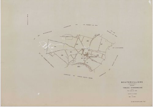 BOUTERVILLIERS, plans minutes de conservation : tableau d'assemblage,1933, Ech. 1/10000 ; plans des section B2, 1933, Ech. 1/1250, section B3, 1933, Ech. 1/2500, sections ZB, ZC, ZD, ZE, ZF, ZG, ZH, 1954, Ech. 1/2000, sections ZI, ZK, 1958, Ech. 1/2000, s