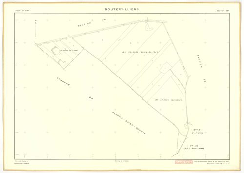 Plans minutes de conservation : BOUTERVILLIERS : tableau d'assemblage n°1, ech. 1/10000 (1933), sections A1, A2, B1, B3, ech. 1/2500, sections B2, ech. 1/1250 (1933) ; tableau d'assemblage n°2, ech. 1/10000 (1954), sections B3, ZA, ZB, ZC, ZD, ZE, ZF, ZG,