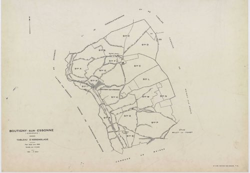 BOUTIGNY-SUR-ESSONNE, plans minutes de conservation : tableau d'assemblage,1955, Ech. 1/10000 ; plans des sections A, B, C, D, E, G, I, K, L, M, N, P, Q, R, S, 1955, Ech. 1/2000, sections F, H, 1955, Ech. 1/1000, section ZA, 1974, Ech. 1/2000. Polyester. 