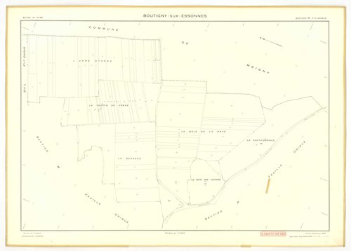 Plans minutes de conservation : BOUTIGNY-SUR-ESSONNE : tableau d'assemblage, ech. 1/10000 (1955-1974), sections A, B, C, D, E, G, I, K, L, M, N, P, Q, R, S, ech. 1/2000 (1955) ; sections C, D, ZA, ech. 1/2000 (1974) ; sections F, H, ech. 1/1000 (1955), NB