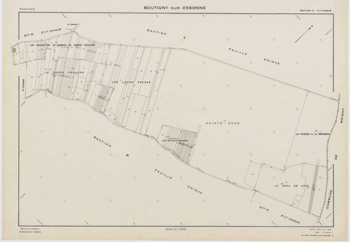 BOUTIGNY-SUR-ESSONNE, plans minutes de conservation : tableau d'assemblage,1955, Ech. 1/10000 ; plans des sections A, B, C, D, E, G, I, K, L, M, N, P, Q, R, S, 1955, Ech. 1/2000, sections F, H, 1955, Ech. 1/1000, section ZA, 1974, Ech. 1/2000. Polyester. 