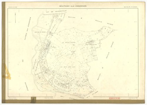 Plans minutes de conservation : BOUTIGNY-SUR-ESSONNE : tableau d'assemblage, ech. 1/10000 (1955-1974), sections A, B, C, D, E, G, I, K, L, M, N, P, Q, R, S, ech. 1/2000 (1955) ; sections C, D, ZA, ech. 1/2000 (1974) ; sections F, H, ech. 1/1000 (1955), NB