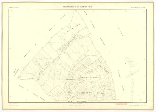 Plans minutes de conservation : BOUTIGNY-SUR-ESSONNE : tableau d'assemblage, ech. 1/10000 (1955-1974), sections A, B, C, D, E, G, I, K, L, M, N, P, Q, R, S, ech. 1/2000 (1955) ; sections C, D, ZA, ech. 1/2000 (1974) ; sections F, H, ech. 1/1000 (1955), NB