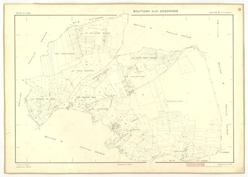 Plans minutes de conservation : BOUTIGNY-SUR-ESSONNE : tableau d'assemblage, ech. 1/10000 (1955-1974), sections A, B, C, D, E, G, I, K, L, M, N, P, Q, R, S, ech. 1/2000 (1955) ; sections C, D, ZA, ech. 1/2000 (1974) ; sections F, H, ech. 1/1000 (1955), NB