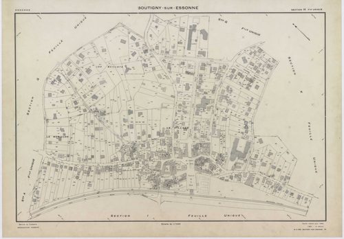 BOUTIGNY-SUR-ESSONNE, plans minutes de conservation : tableau d'assemblage,1955, Ech. 1/10000 ; plans des sections A, B, C, D, E, G, I, K, L, M, N, P, Q, R, S, 1955, Ech. 1/2000, sections F, H, 1955, Ech. 1/1000, section ZA, 1974, Ech. 1/2000. Polyester. 