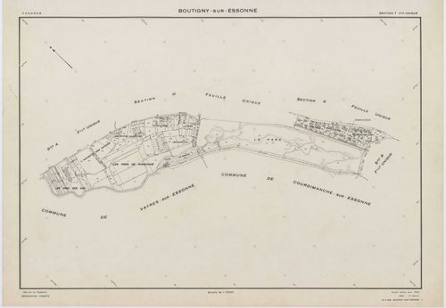 BOUTIGNY-SUR-ESSONNE, plans minutes de conservation : tableau d'assemblage,1955, Ech. 1/10000 ; plans des sections A, B, C, D, E, G, I, K, L, M, N, P, Q, R, S, 1955, Ech. 1/2000, sections F, H, 1955, Ech. 1/1000, section ZA, 1974, Ech. 1/2000. Polyester. 
