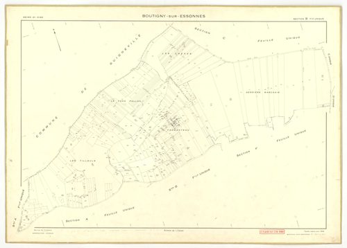 Plans minutes de conservation : BOUTIGNY-SUR-ESSONNE : tableau d'assemblage, ech. 1/10000 (1955-1974), sections A, B, C, D, E, G, I, K, L, M, N, P, Q, R, S, ech. 1/2000 (1955) ; sections C, D, ZA, ech. 1/2000 (1974) ; sections F, H, ech. 1/1000 (1955), NB