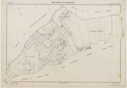 BOUTIGNY-SUR-ESSONNE, plans minutes de conservation : tableau d'assemblage,1955, Ech. 1/10000 ; plans des sections A, B, C, D, E, G, I, K, L, M, N, P, Q, R, S, 1955, Ech. 1/2000, sections F, H, 1955, Ech. 1/1000, section ZA, 1974, Ech. 1/2000. Polyester. 