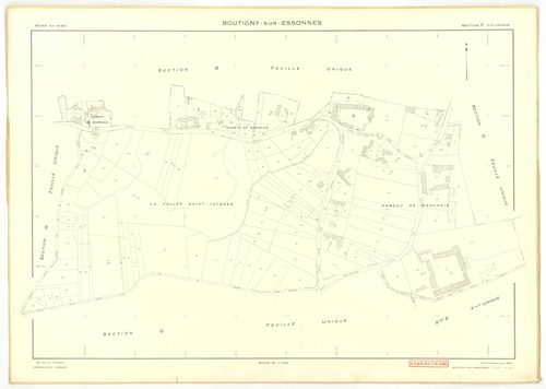 Plans minutes de conservation : BOUTIGNY-SUR-ESSONNE : tableau d'assemblage, ech. 1/10000 (1955-1974), sections A, B, C, D, E, G, I, K, L, M, N, P, Q, R, S, ech. 1/2000 (1955) ; sections C, D, ZA, ech. 1/2000 (1974) ; sections F, H, ech. 1/1000 (1955), NB