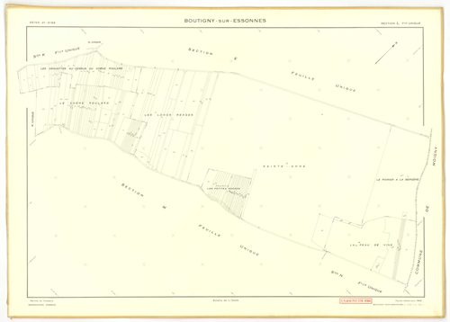 Plans minutes de conservation : BOUTIGNY-SUR-ESSONNE : tableau d'assemblage, ech. 1/10000 (1955-1974), sections A, B, C, D, E, G, I, K, L, M, N, P, Q, R, S, ech. 1/2000 (1955) ; sections C, D, ZA, ech. 1/2000 (1974) ; sections F, H, ech. 1/1000 (1955), NB